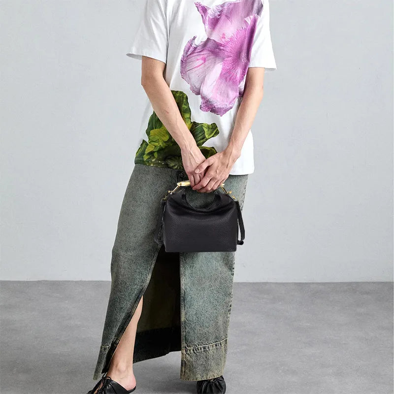 Luxury Texture Women's Bag Lychee Pattern Metal Handle Shoulder Bag Evening Clutch Bag Fashion Designer Half-moon Crossbody Bag