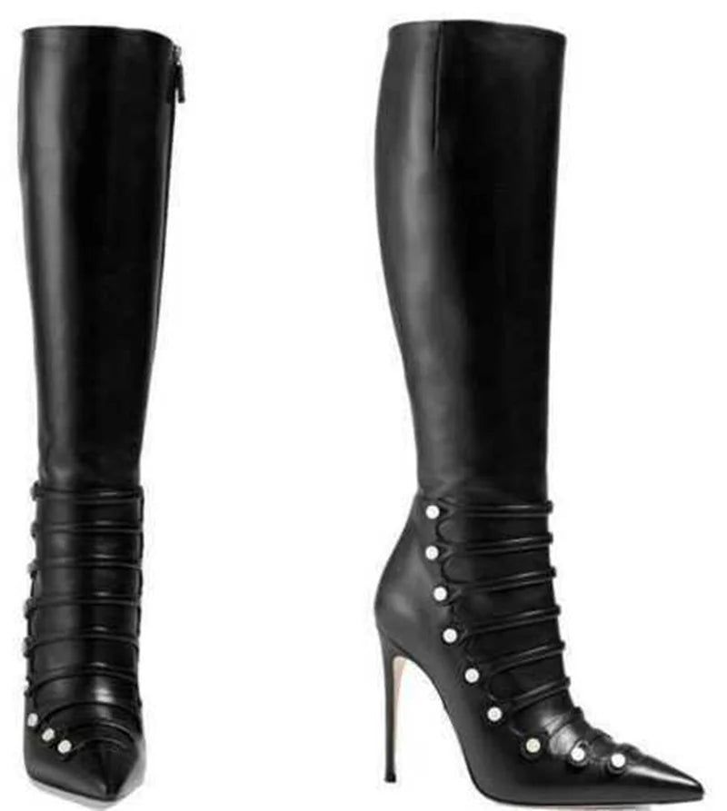 Black Leather Studded Pointed Toe Knee High Boots For Women