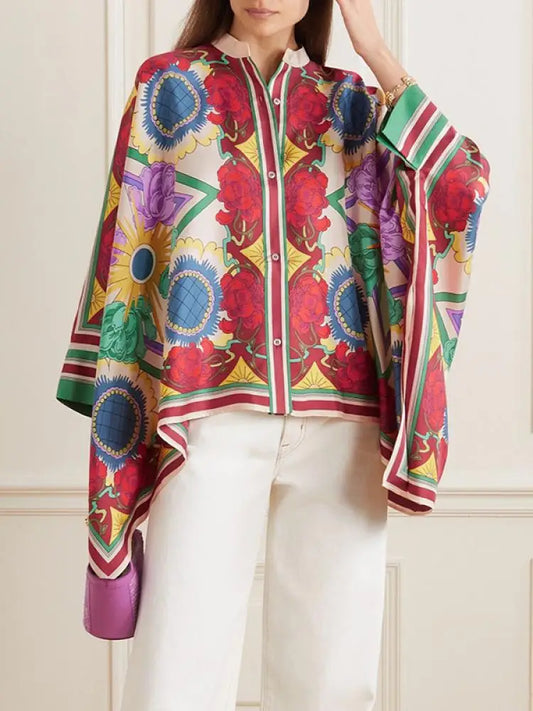 Fashion Stylish Selection Batwing Sleeves Flower Print Stand Collar Blouses Women Spring Summer High-low Buttoned Shirts Tops