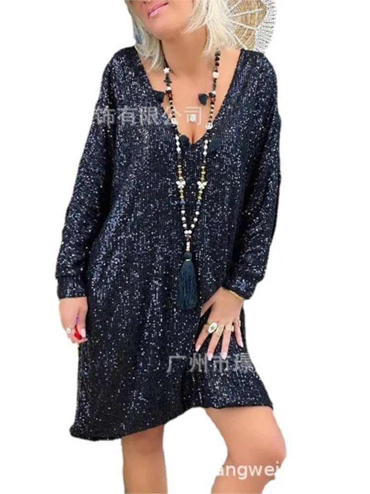 Chic Solid Color Sequin Long Sleeve Mini Dress for Women