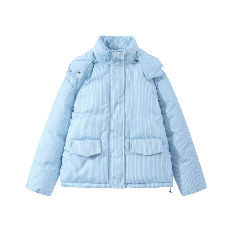 Striped Hooded Puffer Jacket and Wide Leg Pants Set for Women