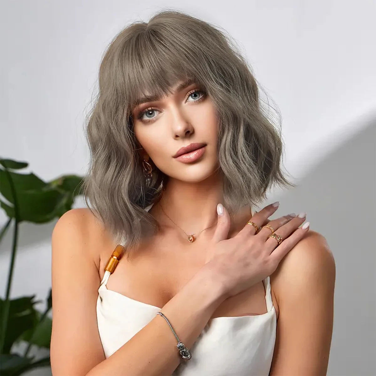 Natural Brown Synthetic Curly Wavy Bob Wig With Bangs For Women
