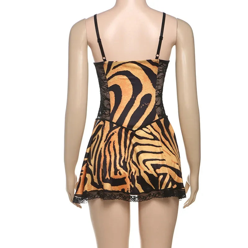 Sexy Skirt Women Product Backless Slim Fit Perspective Lace Leopard Print Patchwork Suspender Short Dresses 2025 Autumn Winter