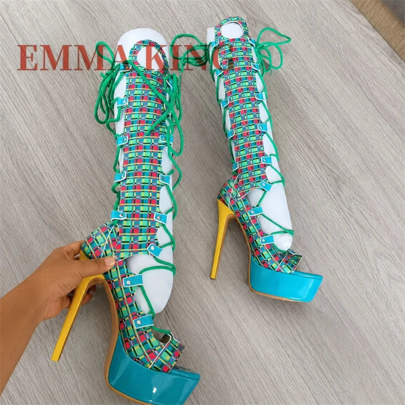 Multicolor Plaid Hollow Out Gladiator Sandals for Women