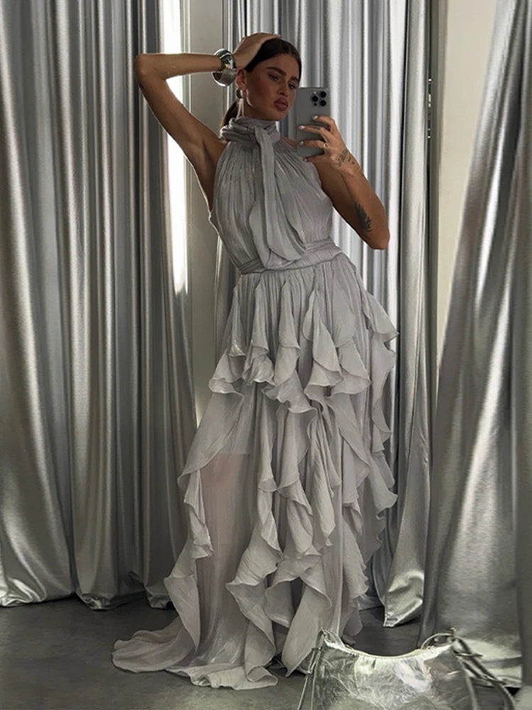 Cascading Ruffle Pleated Maxi Dress with Lace Up for Women