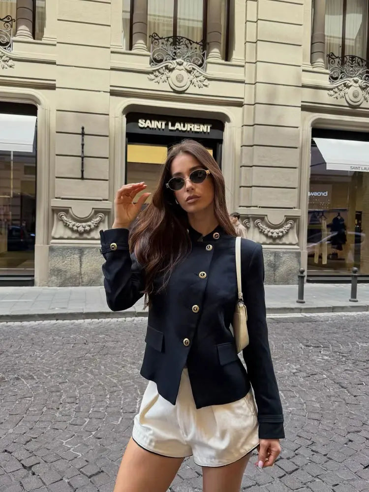 Stand Collar Single Breasted Navy Blue Coat for Women