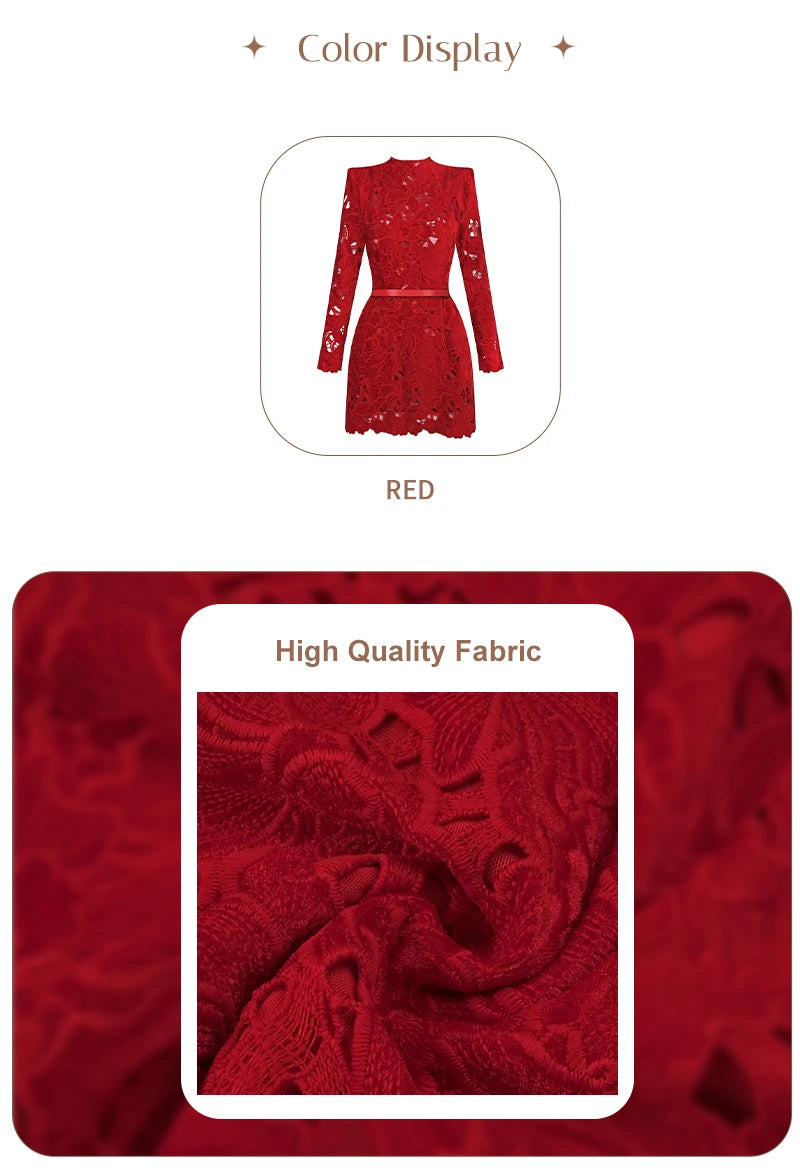 Retro Glamour Red Lace Waist-Cinched Mini Dress for Women