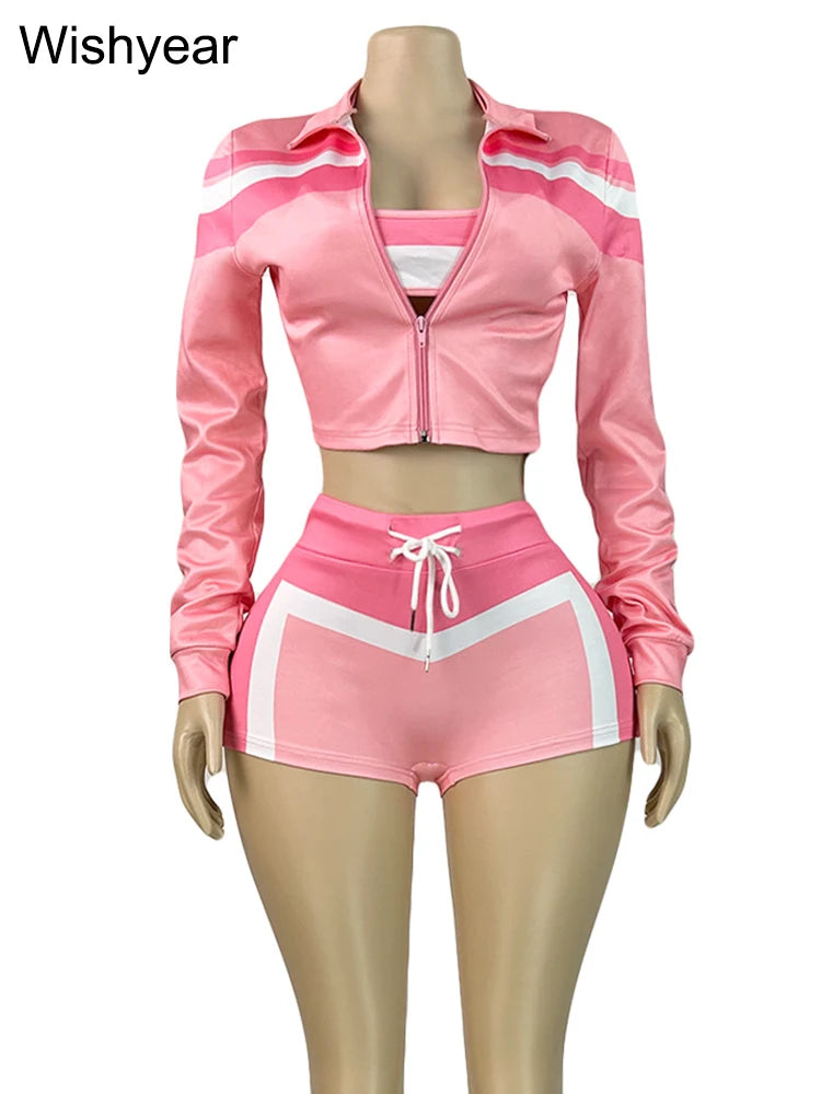 Striped Three Piece Jacket Crop Top And Shorts Set for Women