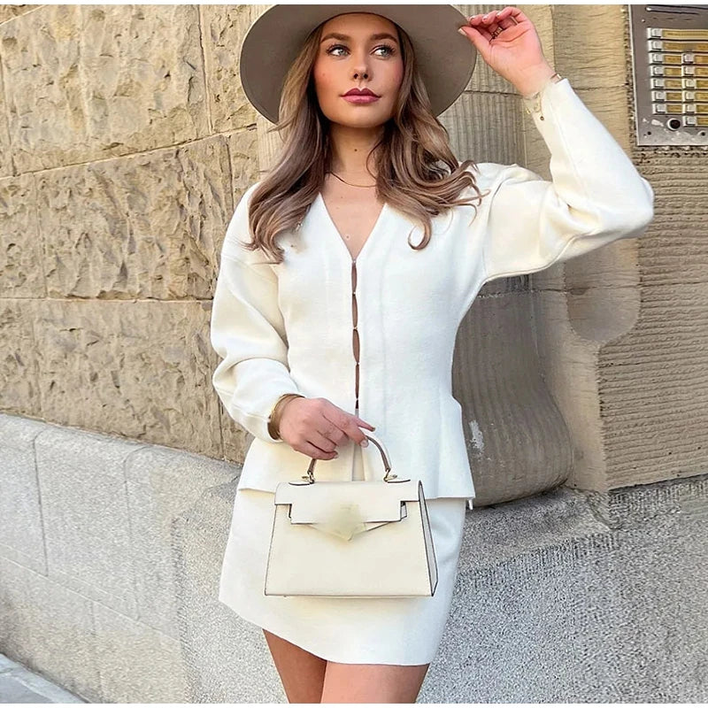 Elegant Knit Two Piece Set With Front Cutout and V Neck For Women