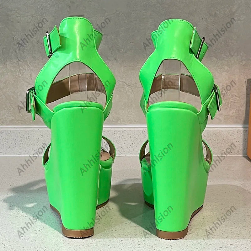 Yellow Open Toe Buckle Platform Wedge Sandals For Women