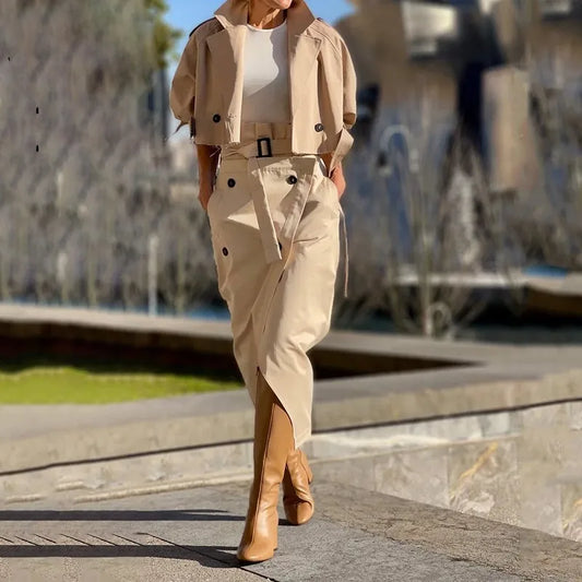 Two Piece Set Women Dress Sets Belt Midi Skirts Cardigan Coats Suits A Line Loose Fit Casual Frock Skirt Office Lady Spring