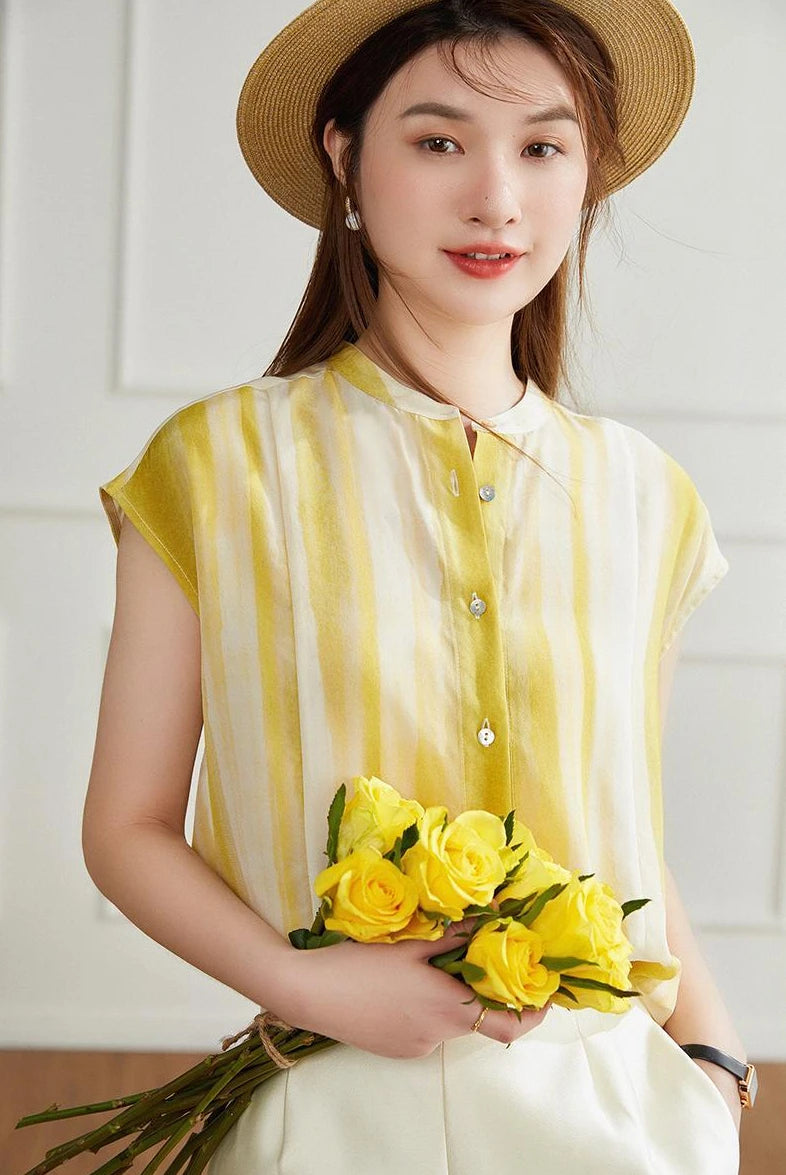 Women's Shirt and Blouse Chiffon Yellow Sleeveless Striped Female Tops Loose Summer Button Up Y2k Fashion Sale of Pretty Xl M