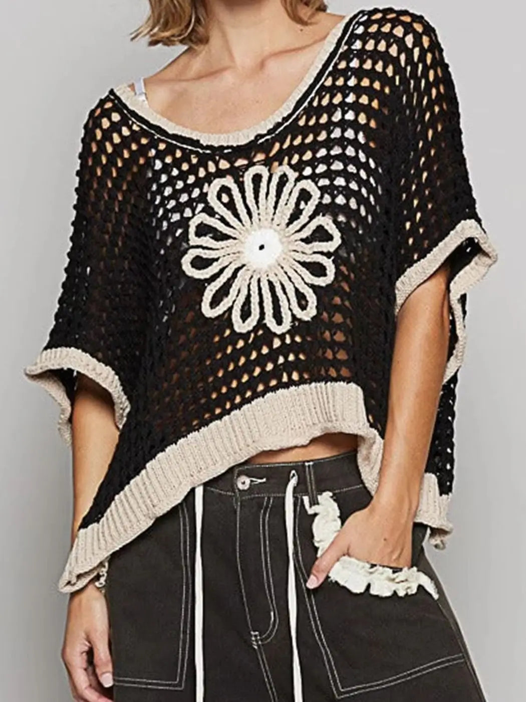 Casual Crochet Hollow Out Daisy Embroidery Top for Women