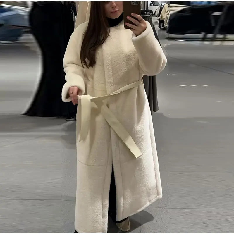 Lace Up Elegant White Faux Fur Long Coat for Women