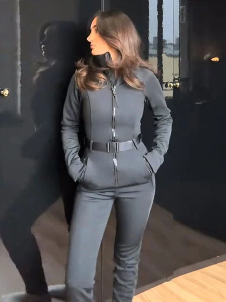 Women's Jumpsuit Loose Stand Collar Thicken Jackets Pants Sets Belt 2 Pieces Female Winter Woman Snowsuit Outfits For Outdoor