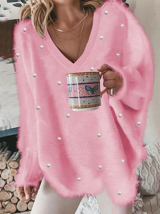 Women's Ribbed Knit Pullover Sweater Jumper Oversized V Neck Solid Color Casual Outdoor Daily Wear for Fall Winter