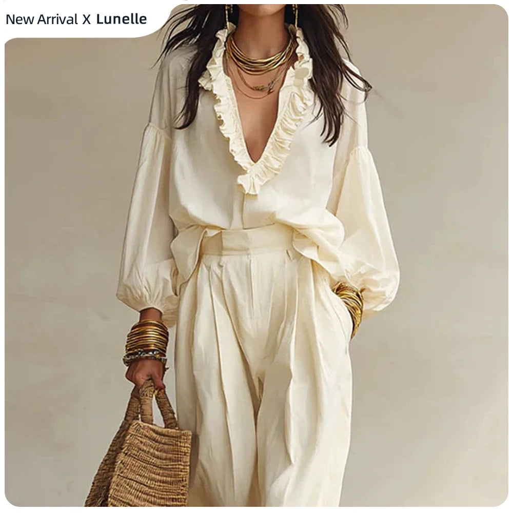 Vintage Ruffle V Neck Pleated Wide Leg Pants Set for Women