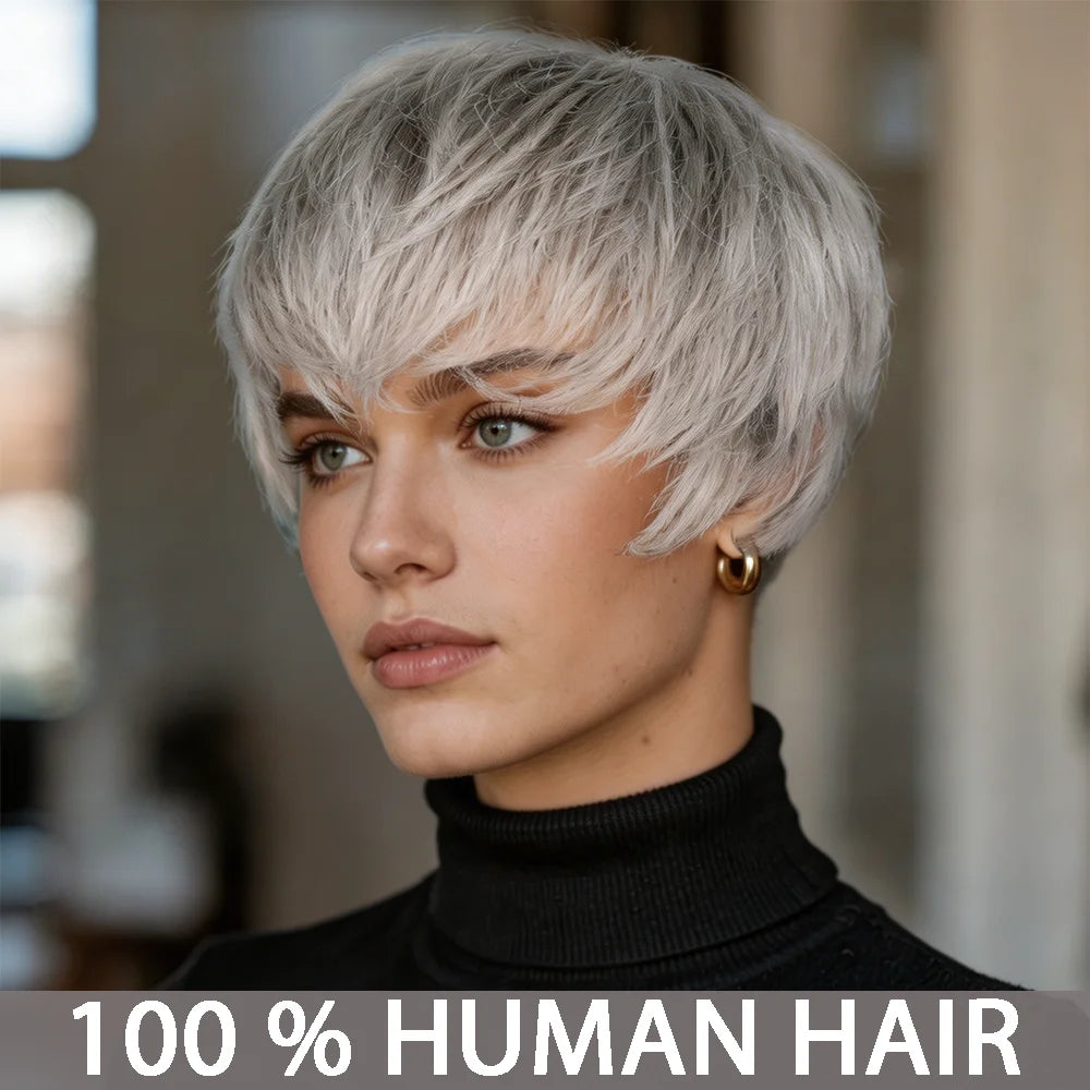 Grey Pixie Cut Human Hair Wig With Bangs For Women