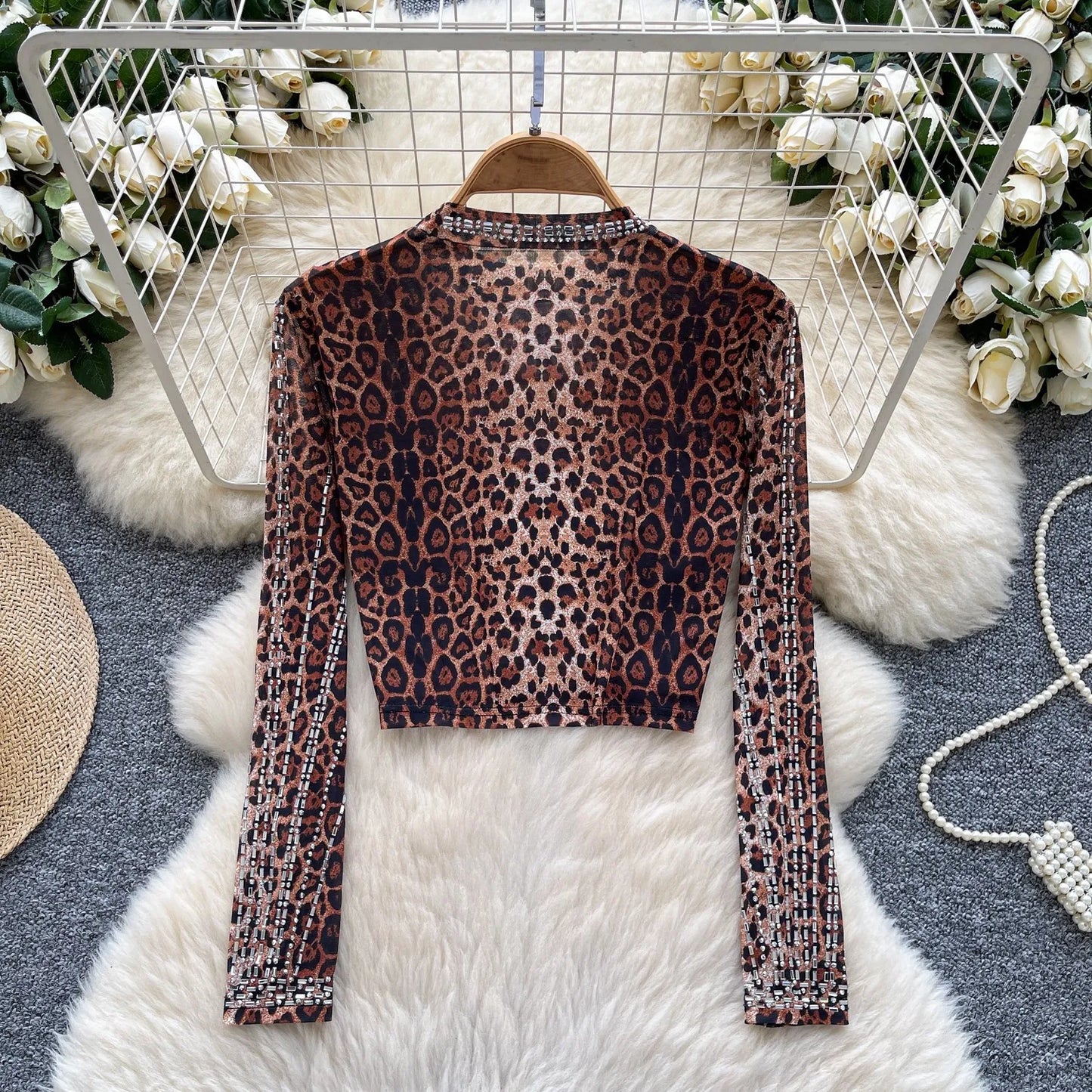 Leopard Print Rhinestone Mesh Long Sleeve Crop Top for Women
