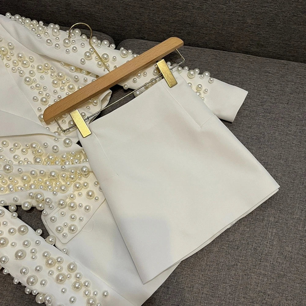 TWOTWINSTYLE Sexy Two Piece Sets For Women V Neck Long Sleeve Spliced Pearl Top High Waist Shorts Chic Set Female New KSE549891
