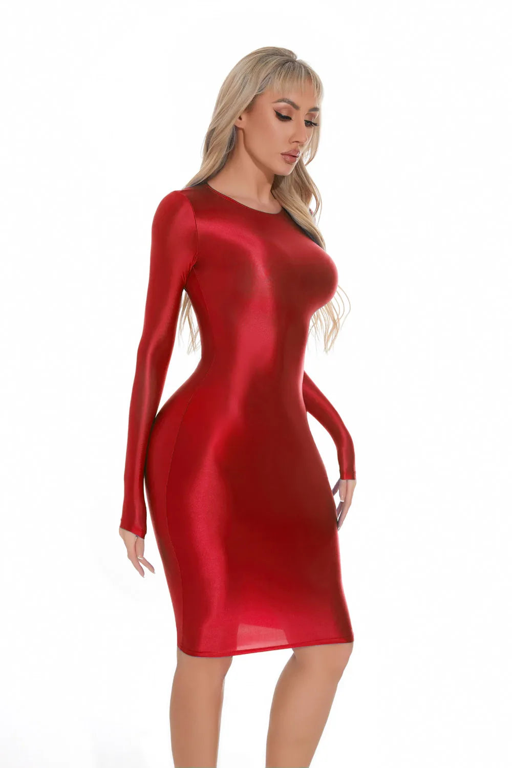 Shiny Long Sleeve Fitted Bodycon Midi Dress for Women