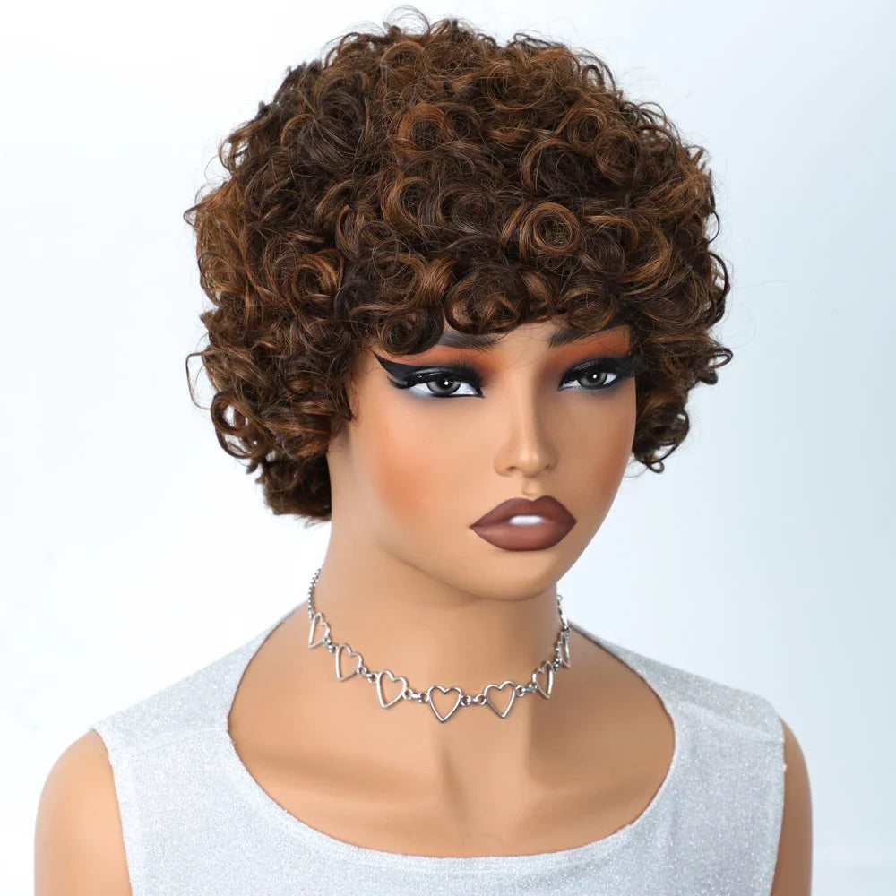 Short Kinky Curly Pixie Bob Human Hair Wig for Women