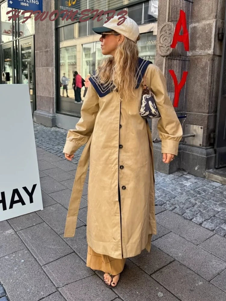 Autumn Patchwork Lace Up Windbreaker Coat for Women