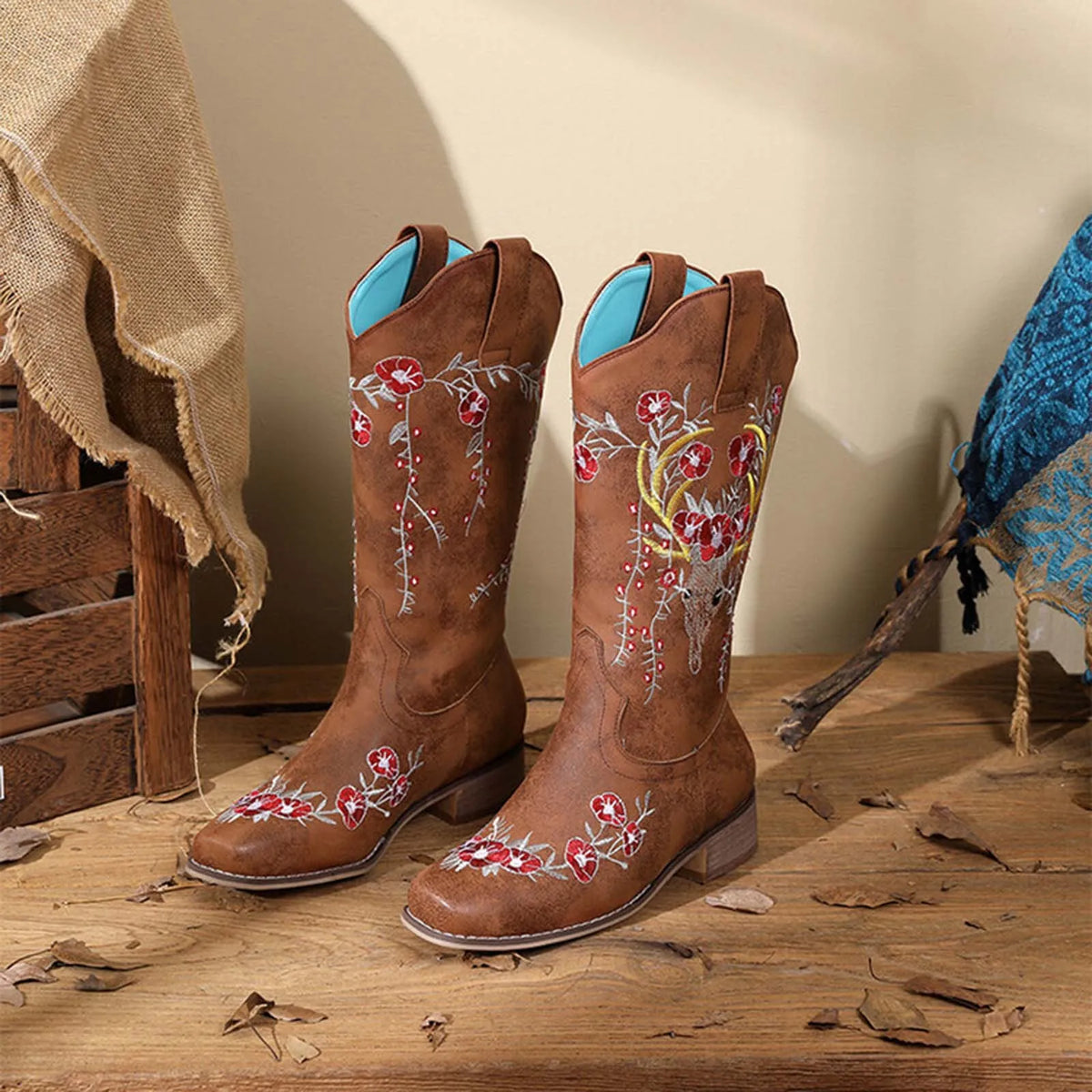Floral Embroidered Mid-Calf Western Boots for Women