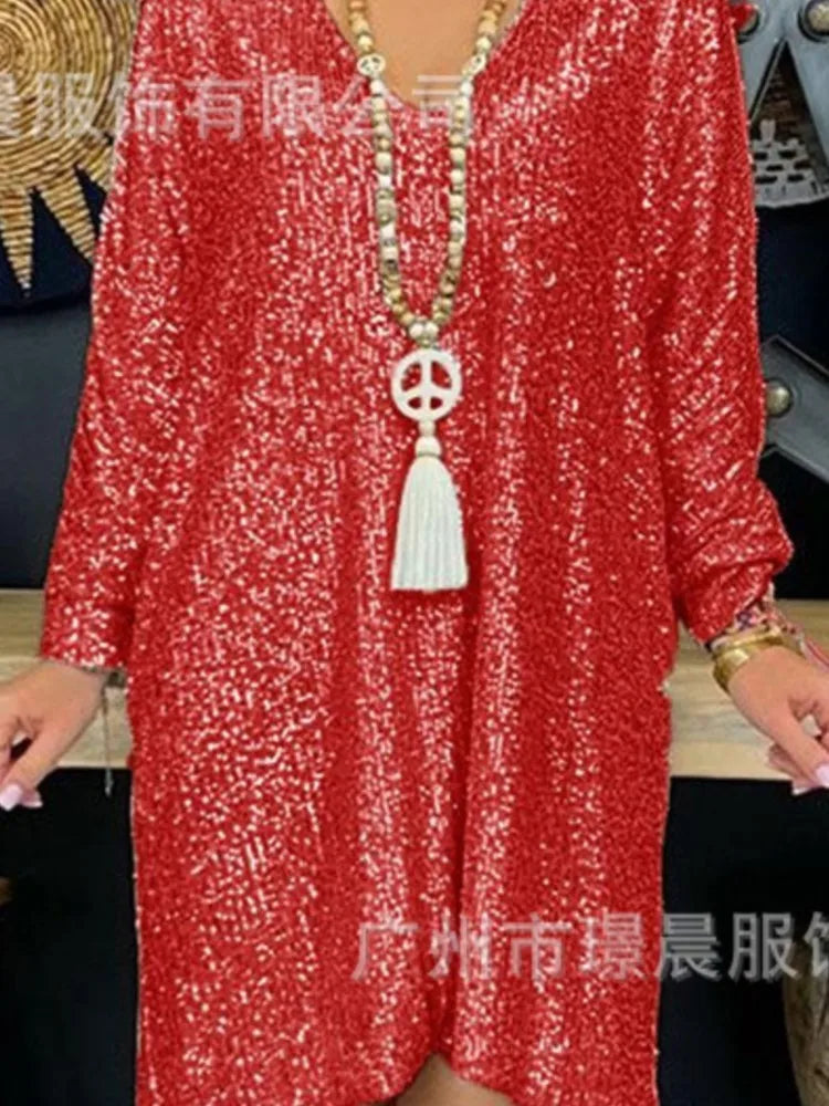 Chic Solid Color Sequin Long Sleeve Mini Dress for Women