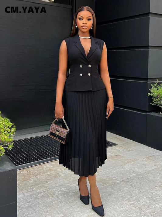 CM.YAYA Street OL Work Women's Set Sleeveless Vest Tops and Pleated Skirts Suit 2024 Summer INS Two 2 Piece Set Outfit Tracksuit