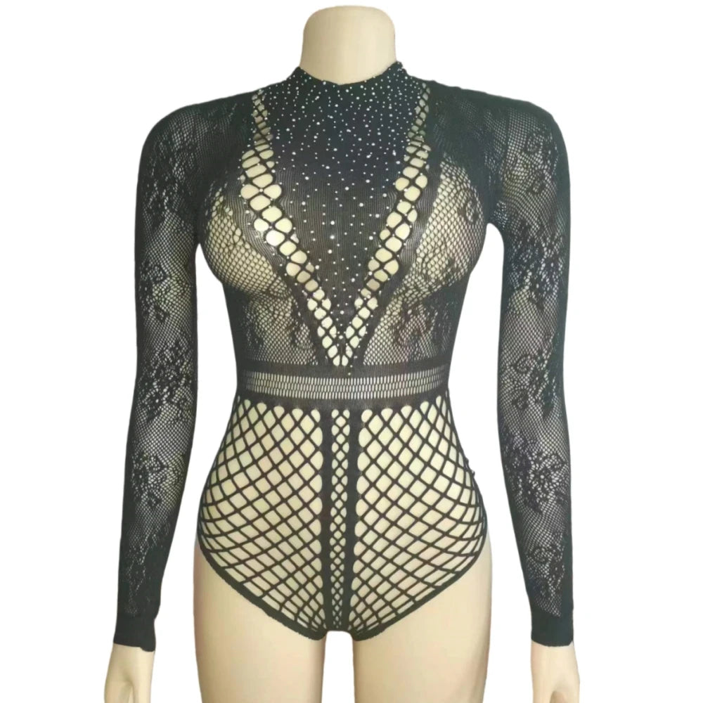 Sexy Rhinestone Mesh Two-Piece Bodysuit Set for Women