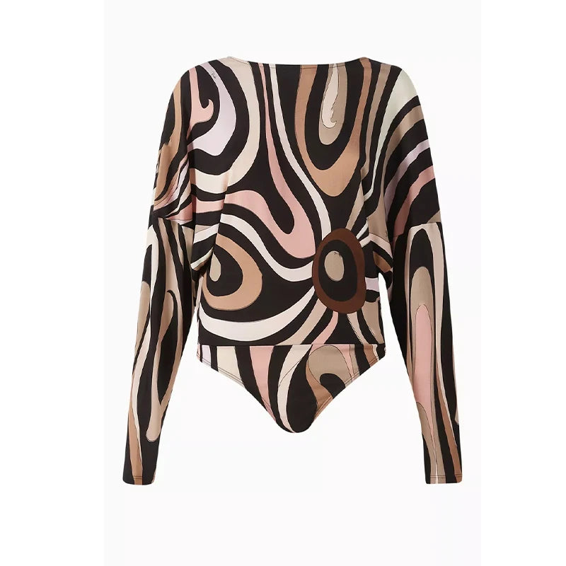 Geometric Print Top pant suits Women two pieces set round neck long sleeve Blouse loose pant Vacation Beach vacation pant outfit