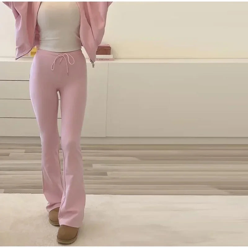 Solid Zip Front Coat and Trousers Two Piece Set for Women Autumn