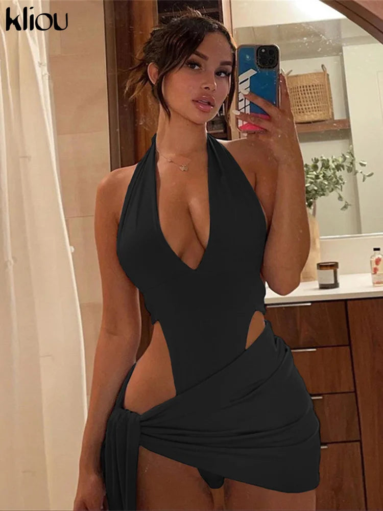 Deep V Neck Backless Halter Two Piece Skirt Set for Women