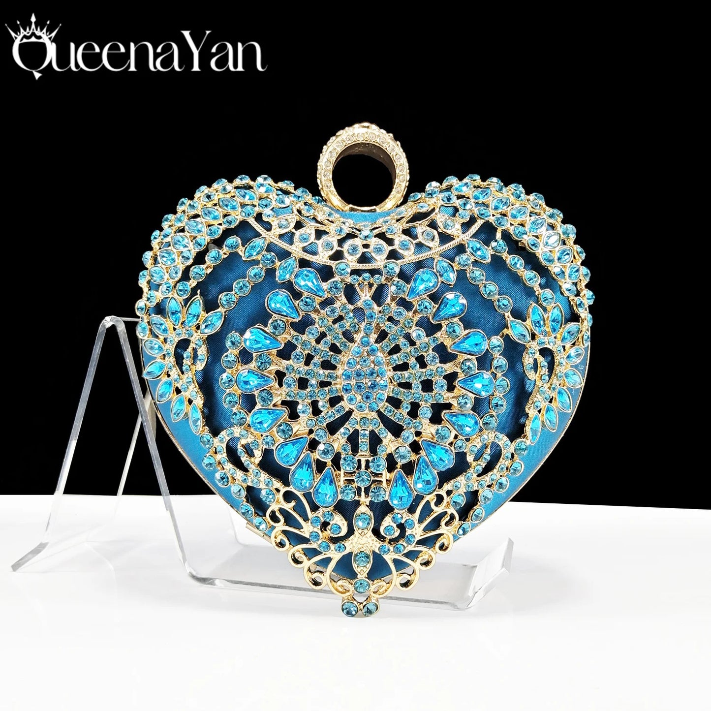 Italian Design Metal Rhinestone Decoration Ladies Evening Clutch Bag love Small Bag Chain Sky Blue Color Bag