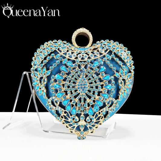 Italian Design Metal Rhinestone Decoration Ladies Evening Clutch Bag love Small Bag Chain Sky Blue Color Bag