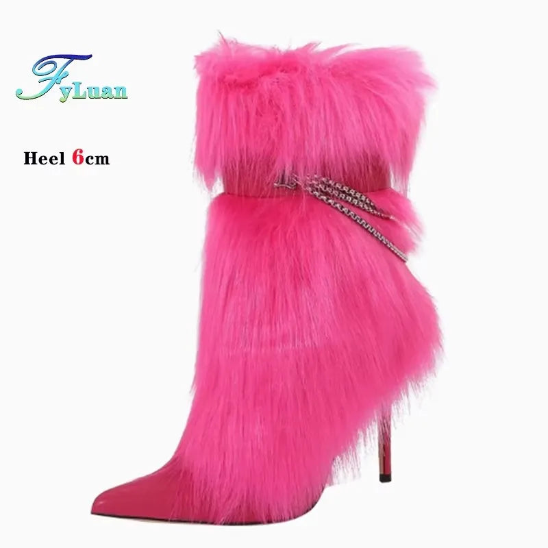 Fuchsia Faux Fur Buckle Ankle Boots