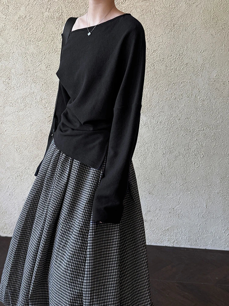 Black Pleated Asymmetrical Collar Sweatshirt for Women