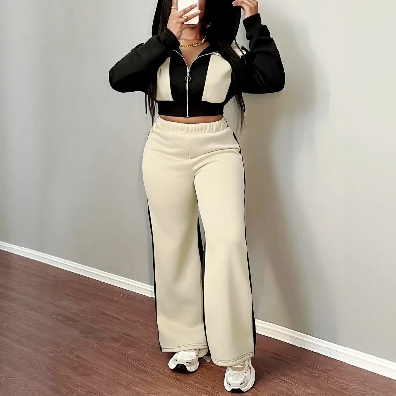 Hooded Two Piece Top and Pants Matching Set for Women