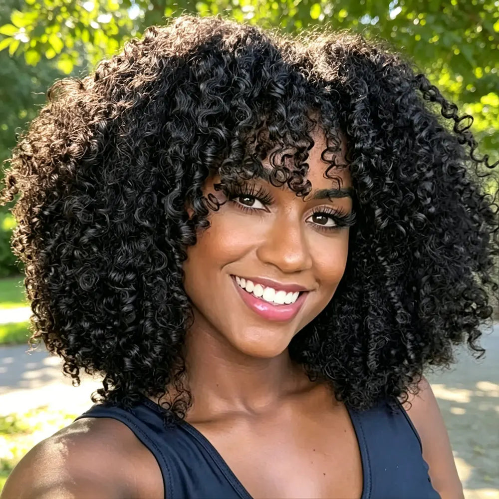 Natural Afro Kinky Curly Bob Wig With Bangs for Women
