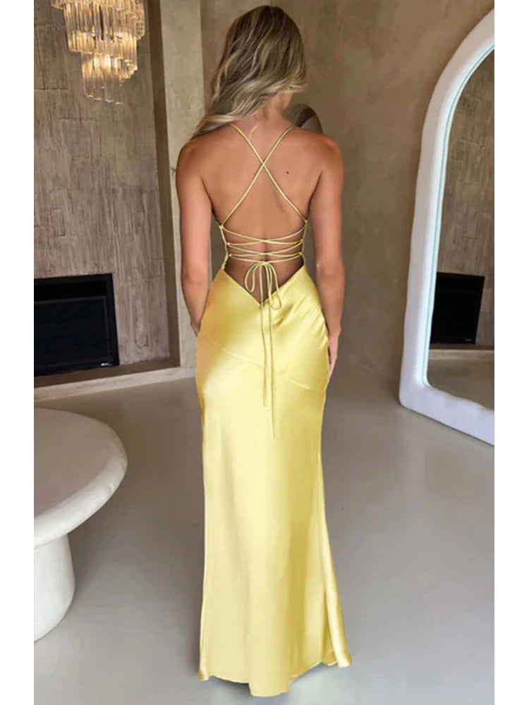 Elegant Backless Satin Maxi Dress With Lace Up For Women