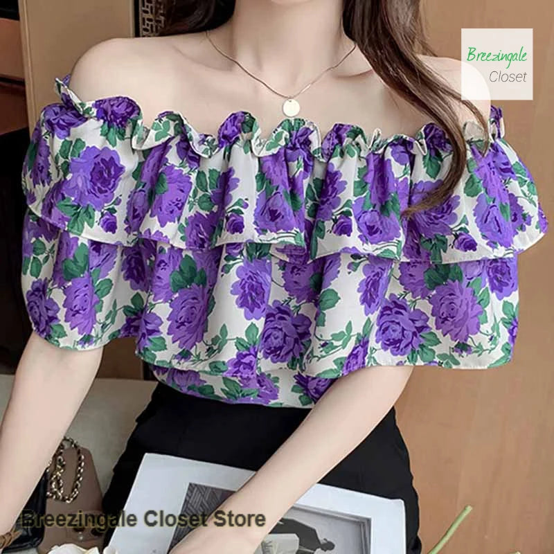 Casual French Style Floral One Shoulder Shirt For Women