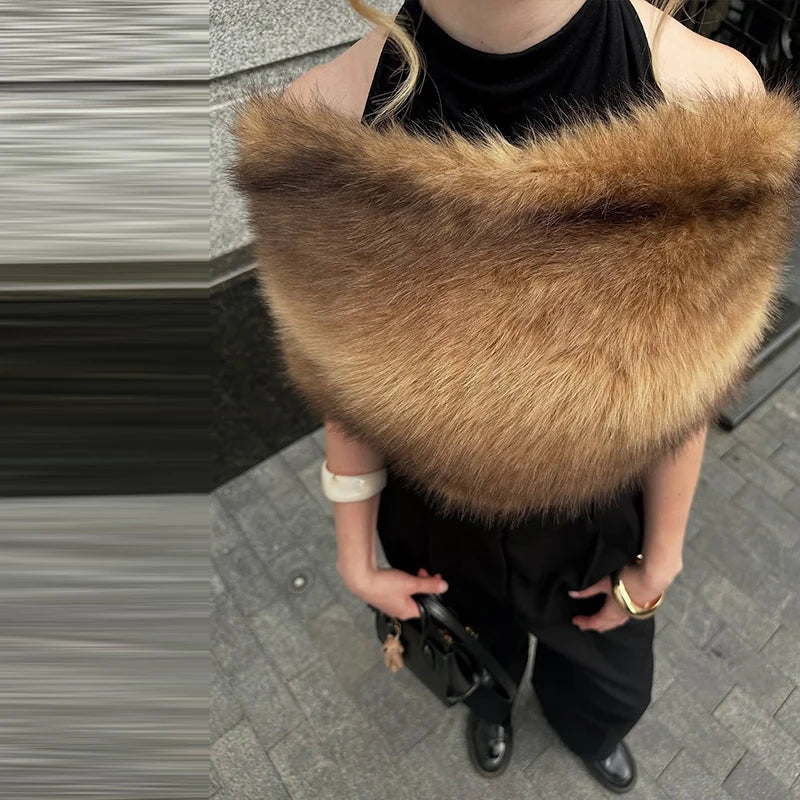 Long Thick Plush Faux Fur Scarf With Fringe for Women