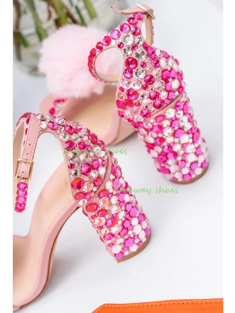 Elegant Rhinestone Open Toe Square Heel Sandals for Women