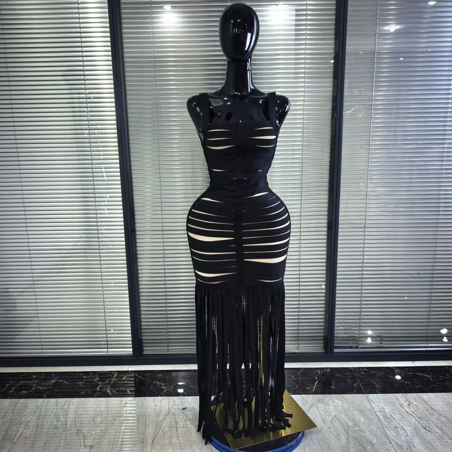 Black Color Women Sleeveless Sexy Square Collar Bodycon Fringes Bandage Long Dress Elegant Evening Party Celebrate Outfit