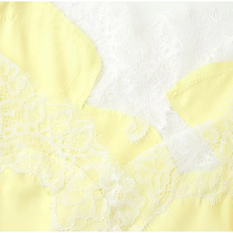 Brown Satin Lace Splicing Sling Dress Women Elegant Irregular Hem V Neck Backless Sleeveless Gown Chic Women Party Club Vestidos