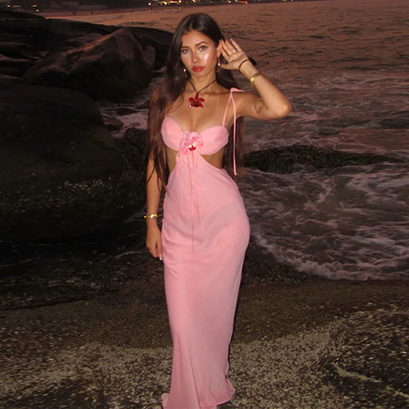 Sweet Pink Bikini Skinny Sling Dress 3d Flower Backless Sleeveless Women's Patchwork Pleated Robe 2025 Summer Female Party Gown