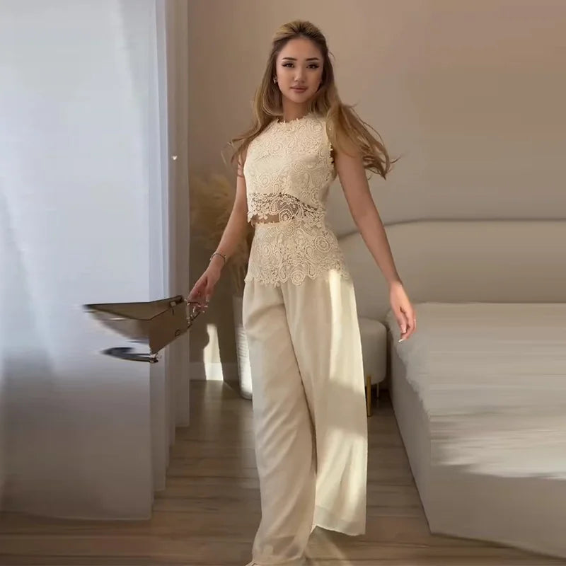 Elegant Crochet Vest And Wide Leg Pants Set for Women