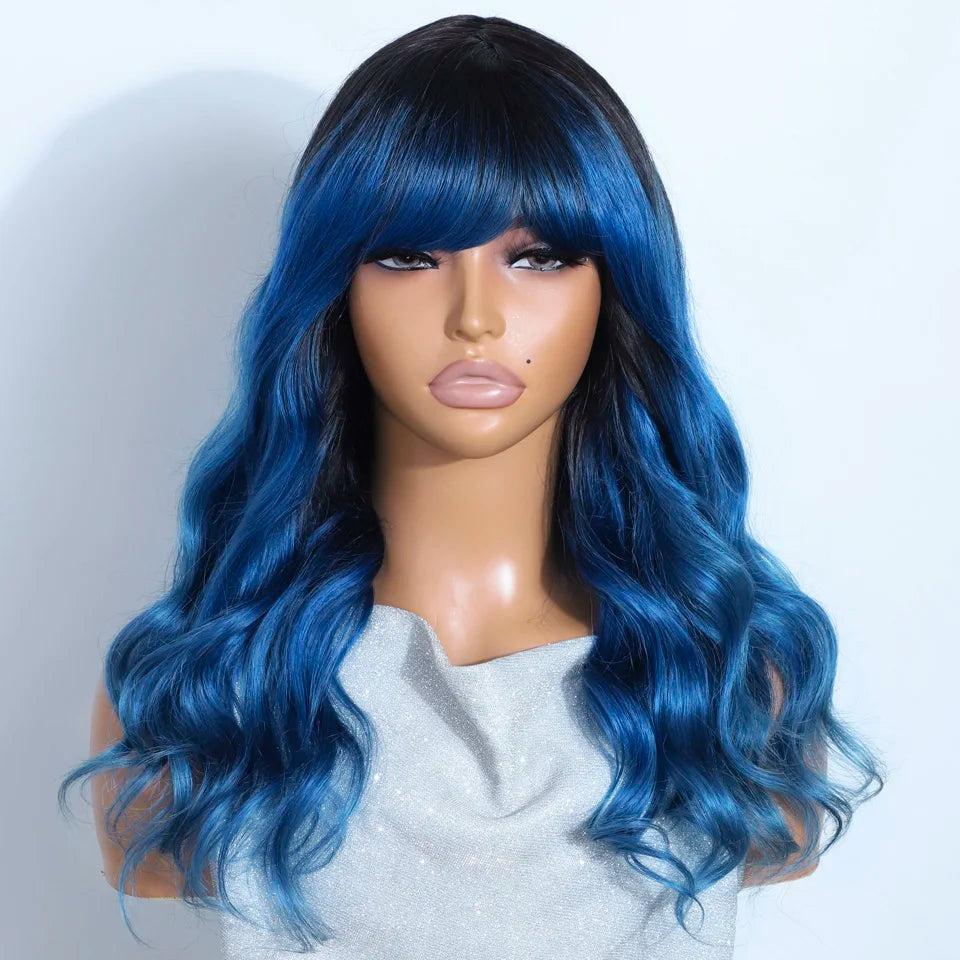 Long Purple Body Wave Human Hair Wig With Bangs for Women