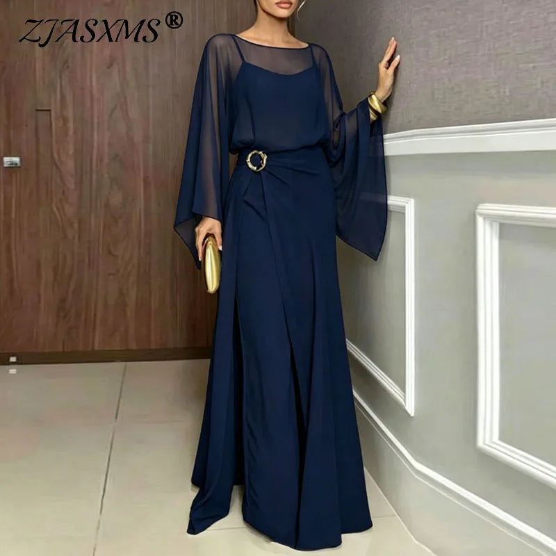 Sheer Flare Sleeve Two Piece Jumpsuit Set for Women